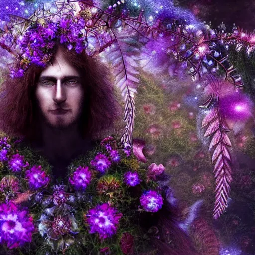 Image similar to an man, stern face, clear eyes, shining armour made of steel and flowers, and fractal flowery hair in a fractal garden, glowing delicate flower and ferns that grow in a dark fatansy forest on the planet pandora,