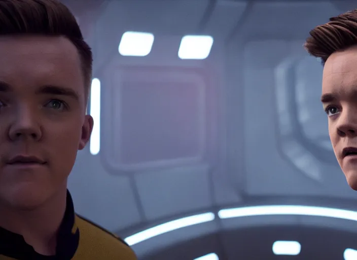 Image similar to Jesse McCartney plays as captain in Star Trek Discovery, engine room and warp core in the background, 35mm photography, highly detailed, cinematic lighting, 4k