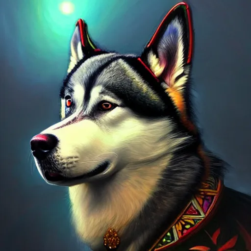 Image similar to beautiful detailed picture of a rastafarian husky, intricate, elegant, highly detailed, my rendition, digital painting, artstation, concept art, smooth, sharp focus, illustration, art by artgerm and greg rutkowski and alphonse mucha