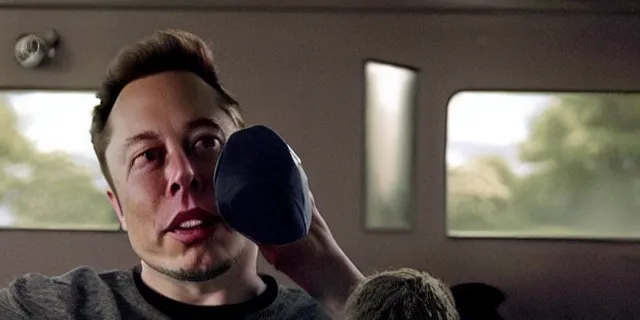 Image similar to full distant shot of balding elon musk in a tracksuit drinking beer in filthy trailer, by ken loach