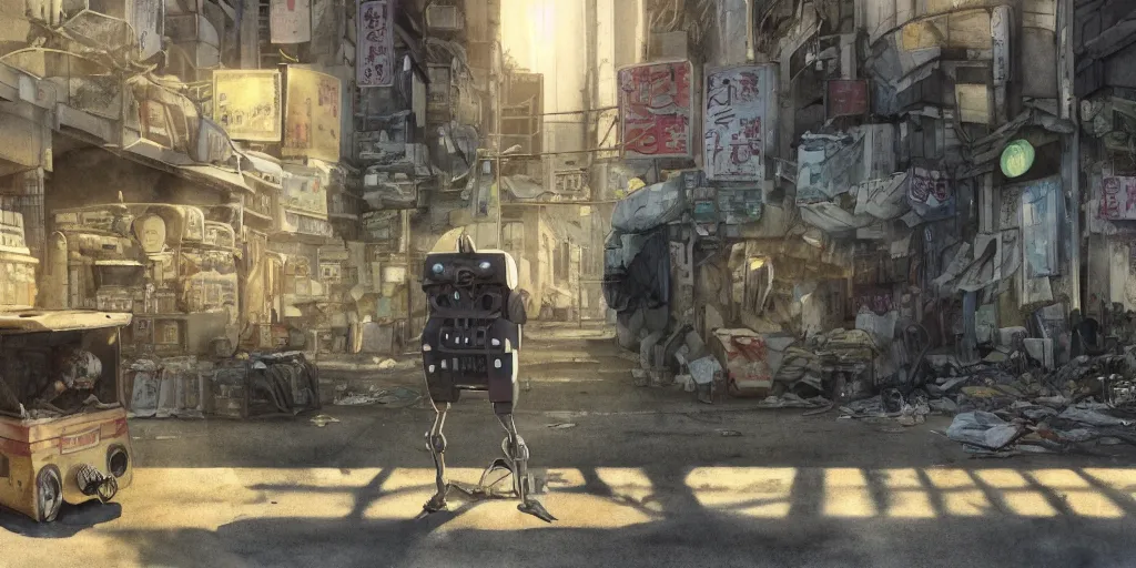 Prompt: incredible wide screenshot, simple watercolor, paper texture, ghost in the shell movie scene, distant shot of hoody girl side view sitting under a yellow striped parasol in deserted dusty shinjuku junk town, old pawn shop, bright sun bleached ground ,scary chameleon face muscle robot monster lurks in the background, ghost mask, teeth, animatronic, black smoke, pale beige sky, junk tv, texture, strange, impossible, fur, spines, mouth, pipe brain, shell, brown mud, dust, bored expression, overhead wires, telephone pole, dusty, dry, pencil marks, genius party,shinjuku, koju morimoto, katsuya terada, masamune shirow, tatsuyuki tanaka hd, 4k, remaster, dynamic camera angle, deep 3 point perspective, fish eye, dynamic scene