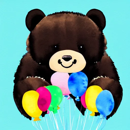 Prompt: watercolor cute animated baby bear holding birthday balloons with colorful dots, white background,