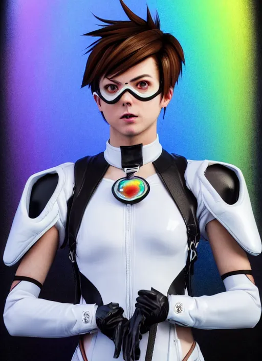 Image similar to portrait bust digital artwork of tracer overwatch, wearing white iridescent rainbow latex and leather straps catsuit outfit, 4 k, expressive happy smug expression, makeup, in style of mark arian, angel wings, wearing detailed black leather collar collar collar collar, chains, black leather harness, detailed face and eyes,