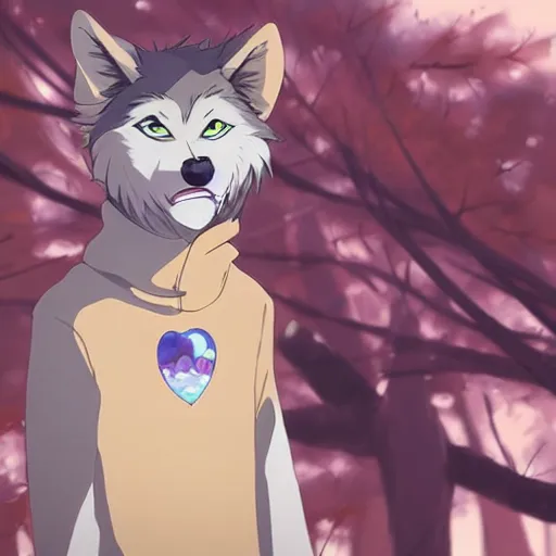 Image similar to key anime visual portrait of a handsome male anthro wolf furry fursona with beautiful eyes, wearing a hoodie in the forest, official modern animation