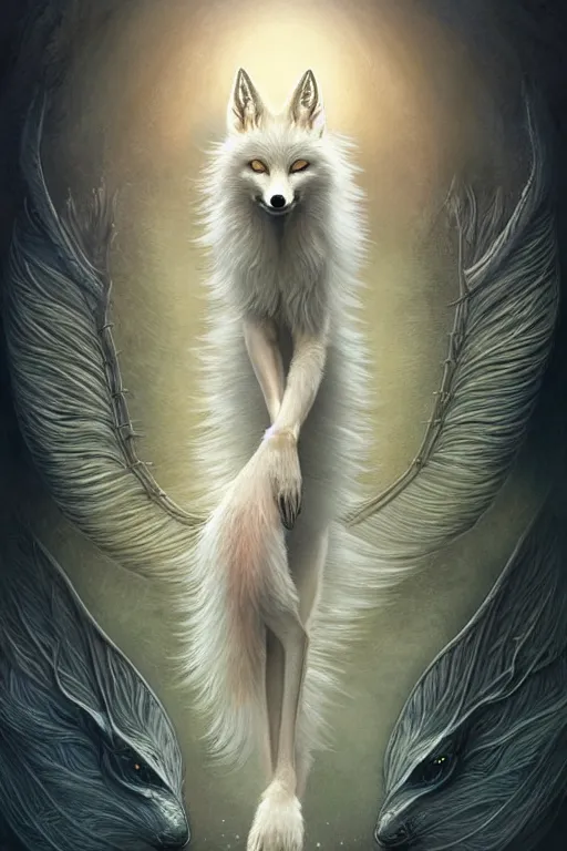 Image similar to complete and delicate portrait of a white nine - tailed fox, beautiful, agile, fairy, myth, legend, detailed, trending on artstatioin, light effects, kilian eng, john harris, bastien lecouffe - deharme