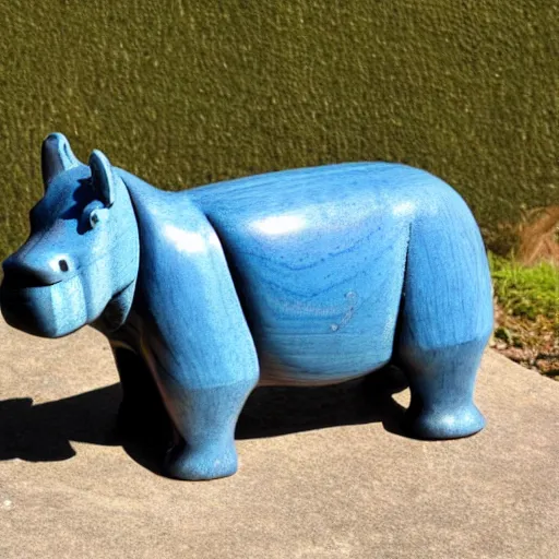 Image similar to wood block small hippo statue, wood blocks bottom hippo body, blue chrome top hippo body, by a genius craftsman, highly detailed, wood block legs made of polished wooden blocks under the blue resin chrome top