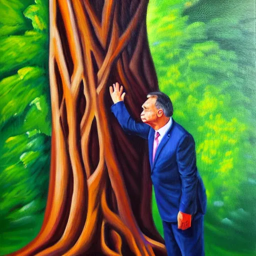 Image similar to viktor orban protecting a tree, oil painting