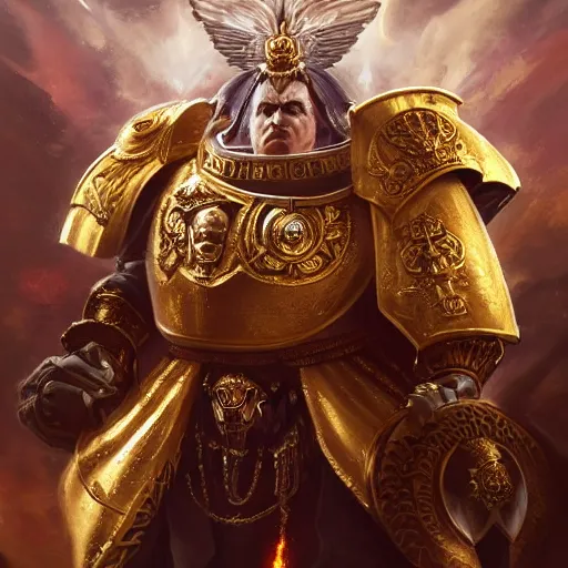 Image similar to god emperor of mankind, wearing regal ornate golden plate armor, golden, crisp, portrait, warhammer 40k, 4k, god emperor, concept art, centered, glowing, artstation