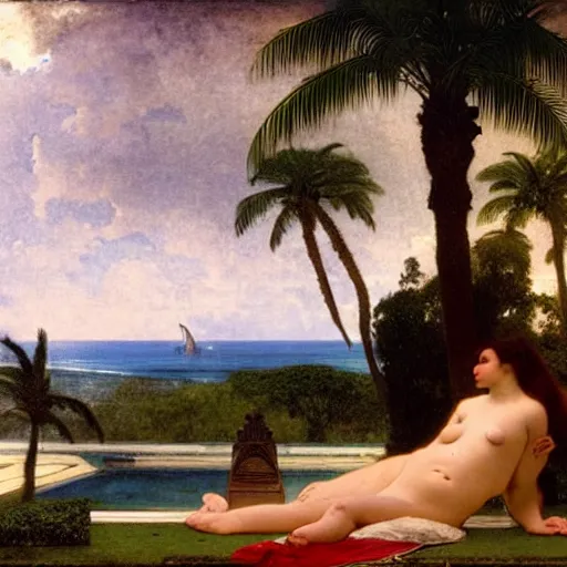 Image similar to Silhouette of two girls at the palace, thunderstorm, greek pool, beach and palm trees on the background major arcana sky, by paul delaroche, alphonse mucha and arnold böcklin arnold böcklin hyperrealistic 8k, very detailed