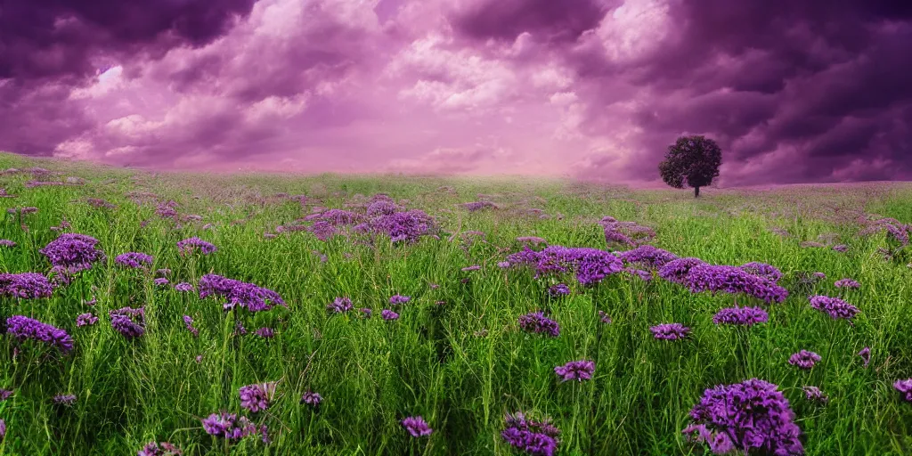 Image similar to field of green daisies, purple sky in background, matte painting