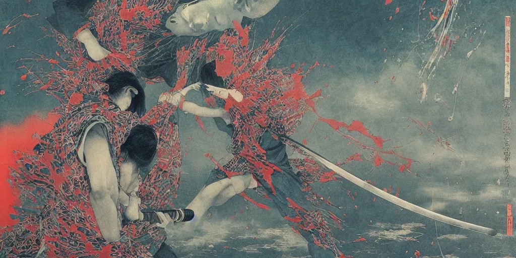 Image similar to Japanese schoolgirl runs away from Samurai with a katana on the subway, high detailed Beksinski painting, part by Adrian Ghenie and Gerhard Richter. art by Takato Yamamoto. deep colours, blue