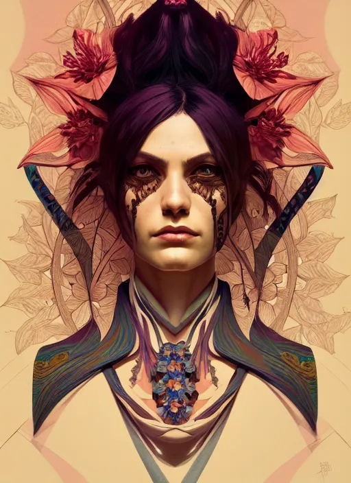 Image similar to symmetry portrait of floral borderlands 3 psycho, intricate, elegant, highly detailed, digital painting, artstation, concept art, smooth, sharp focus, illustration, art by artgerm and greg rutkowski and alphonse mucha, 8 k