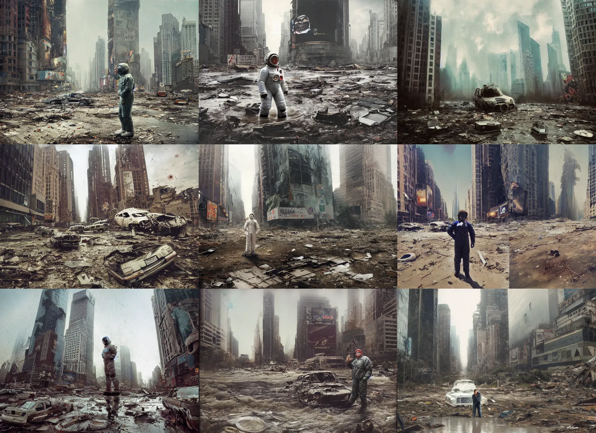 Prompt: very realistic giant flood photographs of lone american white spacesuit chubby astronaut in postapocalyptic abandoned destroyed times square, wrecked buildings, destroyed flipped wrecked cars, pinhole photo, vintage, neutral colors, sunny day backlight by gregory crewdson