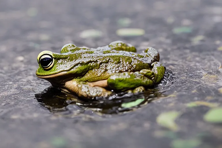 Image similar to a frog made out of lava hopping into a pond, nature photo 85mm