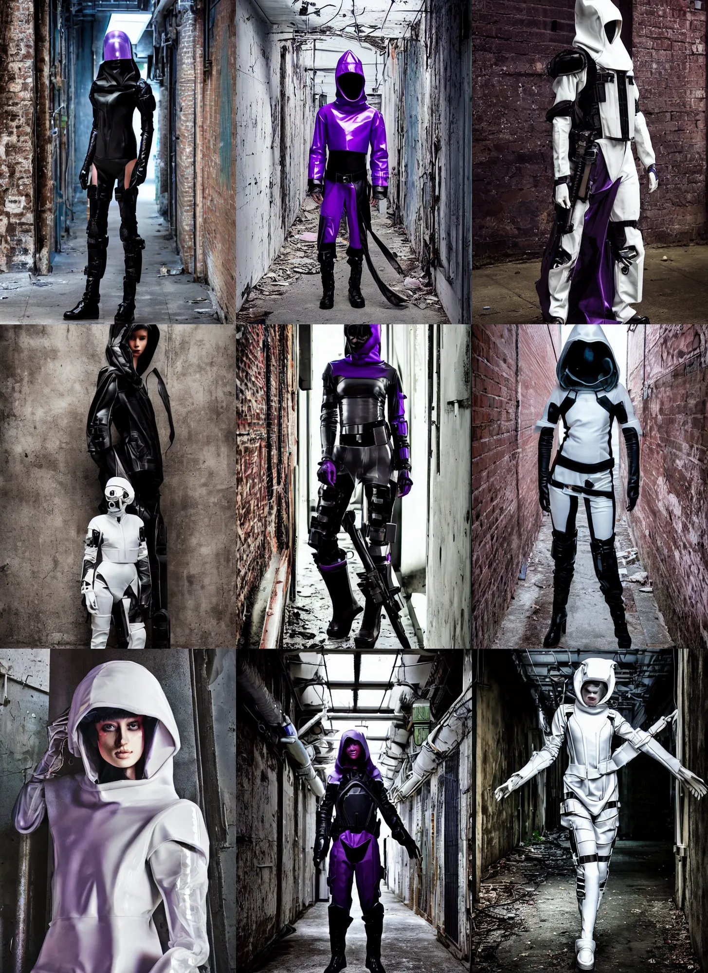 Prompt: beautiful fashion model with white sci - fi tactical gear, black leather garment, purple transparent sci - fi hood, full shot fashion photography, alleyway, abandoned factory, battle ready, by irving penn and storm thorgerson, ren heng, peter elson