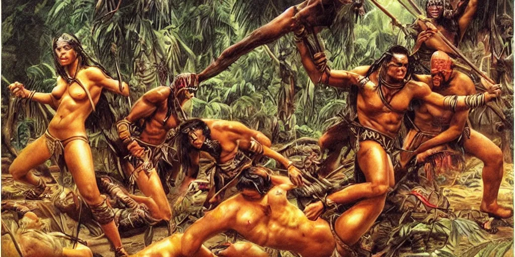 Image similar to battle in jungle, brutal aztec and Amazonian females fight, epic, vintage, blood, slight inspiration of Boris vallejo and apocalypto