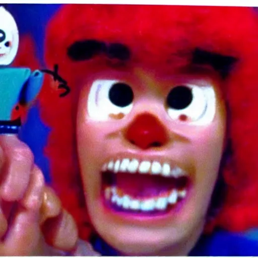 Image similar to vhs footage of an 8 0 s toy commercial where a kid is terrified of a possessed demonic toy