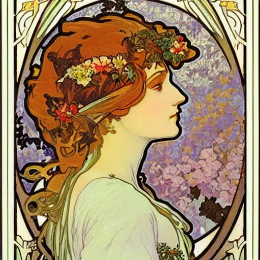 Prompt: Persephone in profile, by Alphonse Mucha, floral border, very beautiful