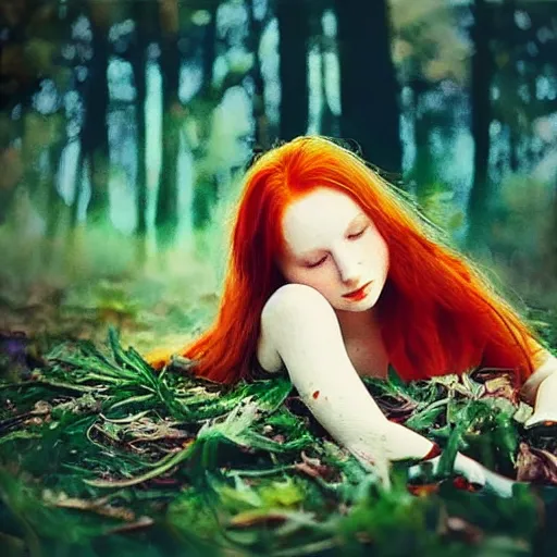 Image similar to “album cover very beautiful watercolor painting of redhead girl laying on a ground in a magic forest in a cyberpunk pixelsorting style”