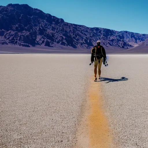 Prompt: a scuba diver with fins on his feet is walking through death valley, bright sunny day, photography, highly detailed, high quality,