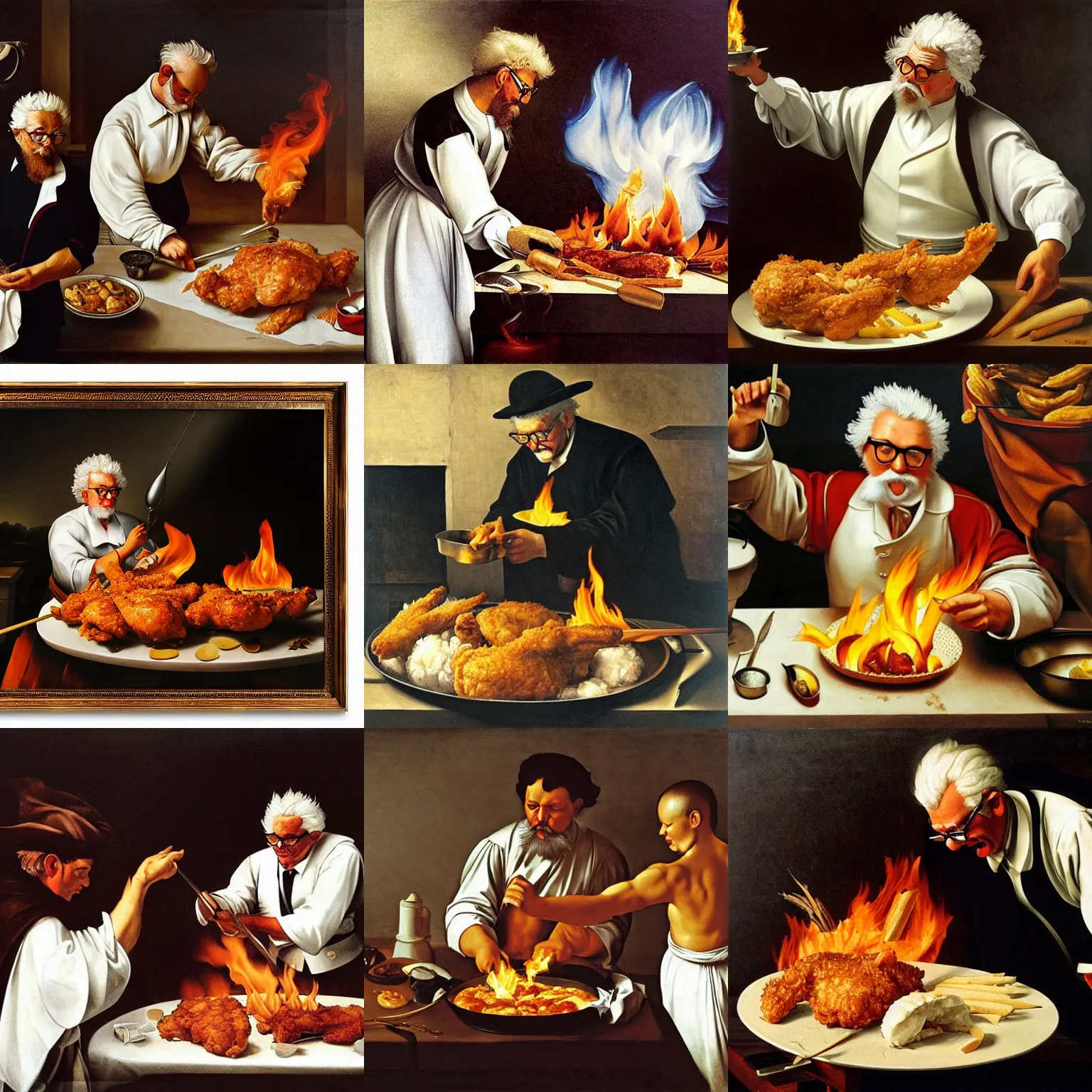 Prompt: colonel sanders frying chicken over a flame. painted by caravaggio