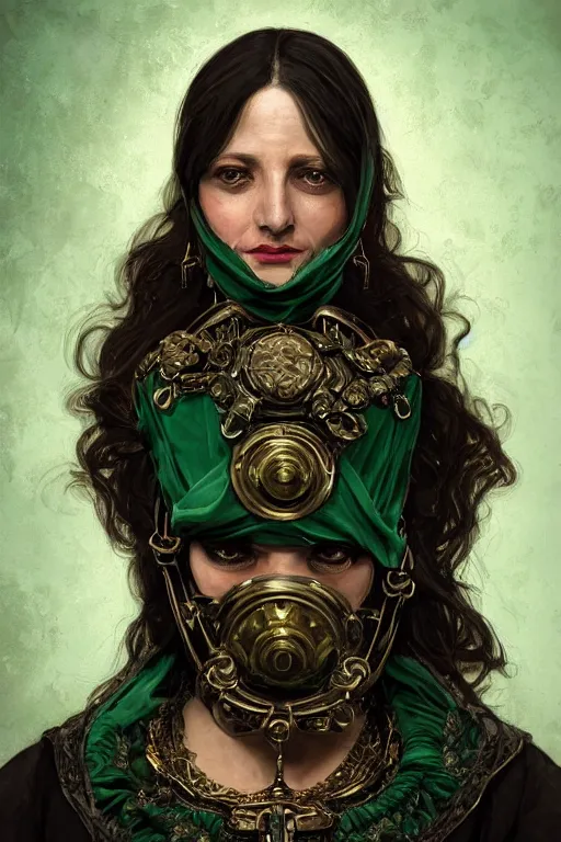 Prompt: portrait, headshot, digital painting, of a 17th century, beautiful, middle aged, middle eastern, wrinkles, decadent, cyborg noble woman, dark hair, gasmask, amber jewels, baroque, ornate dark green opulent clothing, scifi, futuristic, realistic, hyperdetailed, concept art, chiaroscuro, Waterhouse style