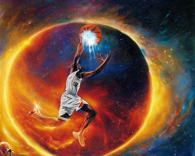 Image similar to cosmic basketball player dunking a basketball hoop in a nebula, an oil painting, by ( leonardo da vinci ) and greg rutkowski and rafal olbinski ross tran airbrush time magazine