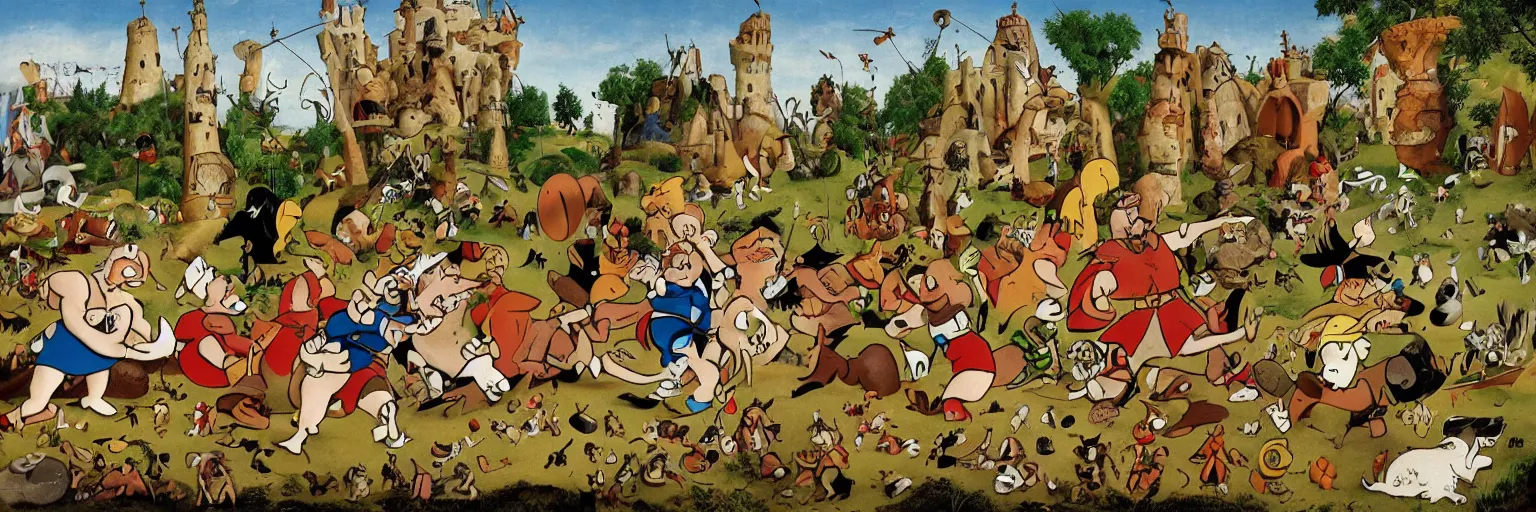 Image similar to Asterix and Obelix in the Garden of Earthly Delights. highly detailed, Tintin, Snowy, Professor Calculus