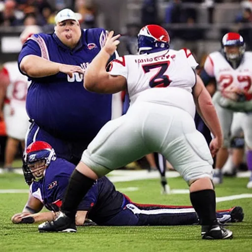 Image similar to an offensive tackle in the foreground is extremely upset as his quarterback lies dead in the background