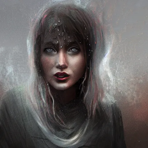 Prompt: impudent facial expression of a shameless woman, impudent facial expression of shameless woman, atmosphere of bloody rain, cross in the distance, trending on artstation, highly detailed, digital painting, volumetric light, concept art, sharp focus, illustration