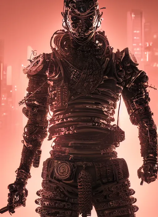 Image similar to ultra realistic and intricate detailed photograph of a cyborg samurai, ninja, katana, war background, neon, cyberpunk, technology, innovation, bright modern style, artstation, unreal render, depth of field, ambient lighting, award winning, stunning