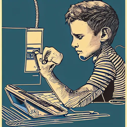 Image similar to illustration of a boy connected to his laptop with wires, highly detailed, by butcher billy, mcbess, rutkowski, james jean, 8 k, photorealistic