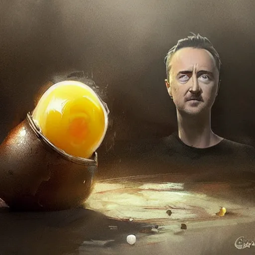 Prompt: a large egg frying in a pan with edward norton's face emerging from the yolk, concept art by greg rutkowski