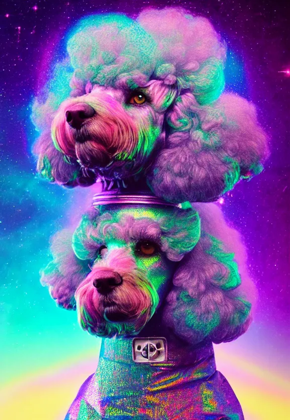 Image similar to a beautiful portrait of a poodle in a galactic iridescent spacesuit, holographic, synthwave color palette, cinematic, volumetric fog, risographic, digital art, 4 k, vintage sci - fi, inspired by moebius, inspired by thimbwhite, inspired by h. r. giger