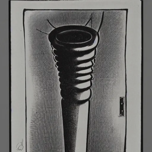 Image similar to a duchamp etching by man ray, object in a void, museum, futuristic, dada