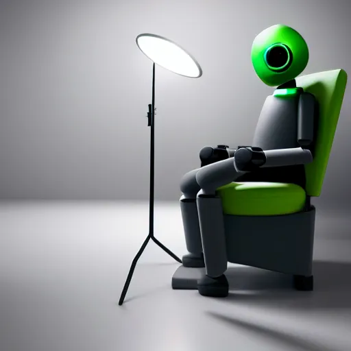 Image similar to futuristic lonely matte dark gray and glossy translucent green full-body humanoid robot with huge expressive comically sad LED eyes and open rectangular mouth sitting on a large comfortable cushioned vintage recliner reading a hardbound leather book. Cinematic Lighting, Cinematic Movie Photograph, Arri Alexa, Extremely Detailed, smooth, very very clean, simple, 8K, octane render, maya render, unreal engine, trending on artstation, DSLR, excellent composition, moody