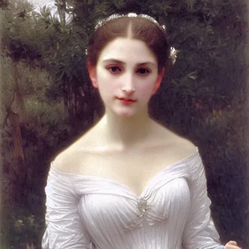 Prompt: portrait painting of a princess, close-up, highly beautiful, elegant, graceful, platinum white hair, pale, by Bouguereau, highly detailed, sharp focus, smooth