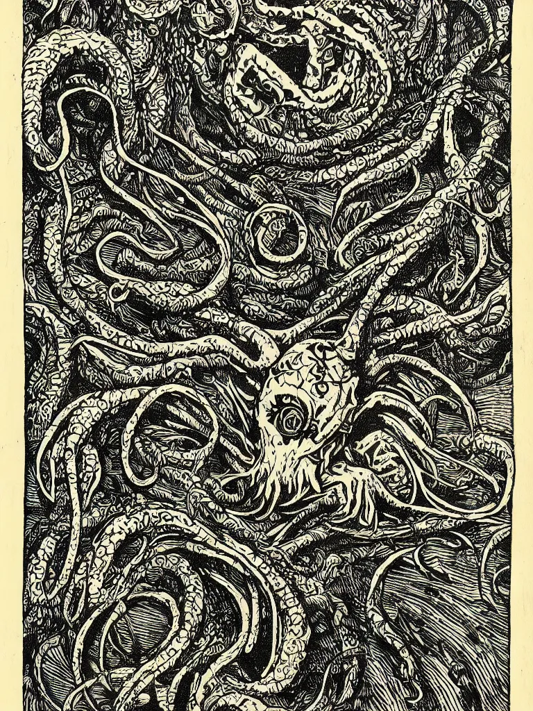 Image similar to old printmaking woodblock print of a intricately detailed tribute to the elder god cthulhu, beautiful dark fantasy, 8k detail