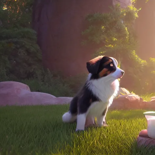 Image similar to a wholesome animation key shot of an australian shepherd puppy, studio ghibli, pixar and disney animation, sharp, rendered in unreal engine 5, anime key art by greg rutkowski, bloom, dramatic lighting