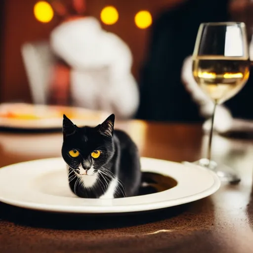 Image similar to A photo of a cat wearing a suit sitting in a fancy and expensive gourmet restaurant and eating a plate of cat food. f/2.8, dim lighting, award winning photo