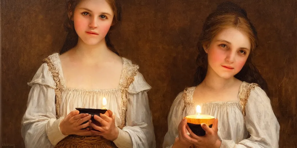 Image similar to Highly detailed and cinematic romantic period oil painting of a medieval peasant girl holding a candle, strong atmosphere, oil painting masterpiece by Josep Tapiró Baró, symmetry, fractals