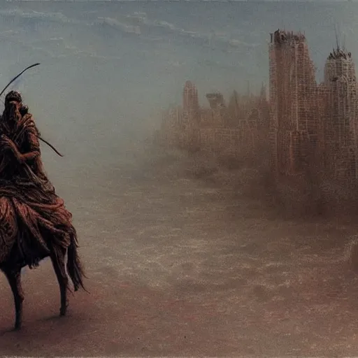 Image similar to cool apocalyptic traveler on a horse through a ruined new york city beksinski art style, highly detailed