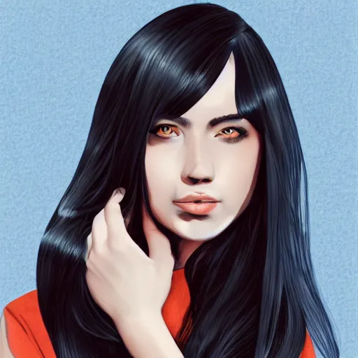 Image similar to young attractive female, long dark hair, expressive pose, looking at the camera, blue ballpoint art