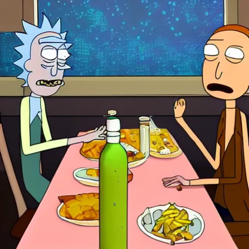 Prompt: Rick and Morty having dinner, layered paper style