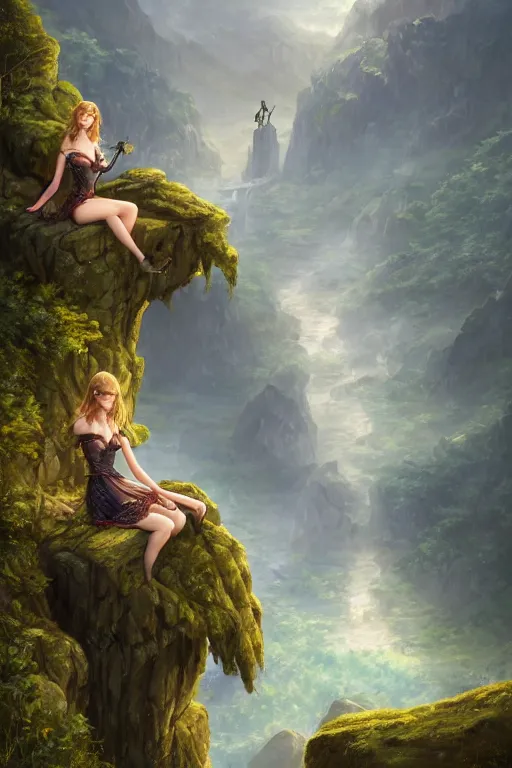 Image similar to alluring illustration taylor swift, sitting on the edge of a cliff overlooking a forested valley, clothed in a chesty fantasy outfit, 8k resolution matte fantasy painting, cinematic lighting, DeviantArt, Artstation, Jason Felix Steve Argyle Tyler Jacobson Peter Mohrbacher