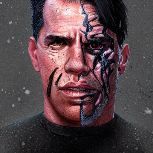 Prompt: Portrait of an Anthony Kiedis Terminator, half of his face looks like the Terminator without skin, mattepainting concept Blizzard pixar maya engine on stylized background splash comics global illumination lighting artstation lois van baarle, ilya kuvshinov, rossdraws