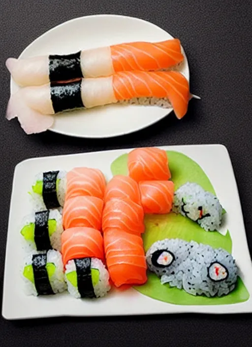 Image similar to clear photorealistic picture of adorable cats made out of sushi