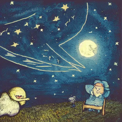 Image similar to night sky, stars, anthropomorphic talking moon with happy eyes prominently in the center, surrounded by clouds, landscape, illustrated by peggy fortnum and beatrix potter and sir john tenniel