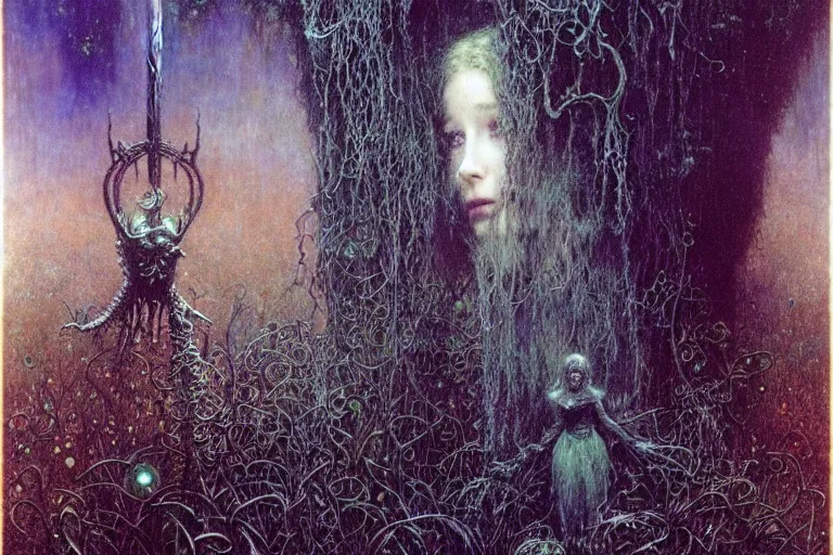 Image similar to young cute alyson hannigan knight in enchanted lovecraftian garden by jean delville, luis royo, beksinski, grimshaw