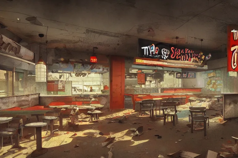 Image similar to the abandoned fast food restaurant of the dead, demons, hell, artstation